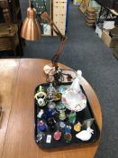 An angle poise lamp together with a tray of china and ornaments, crystal ornaments,