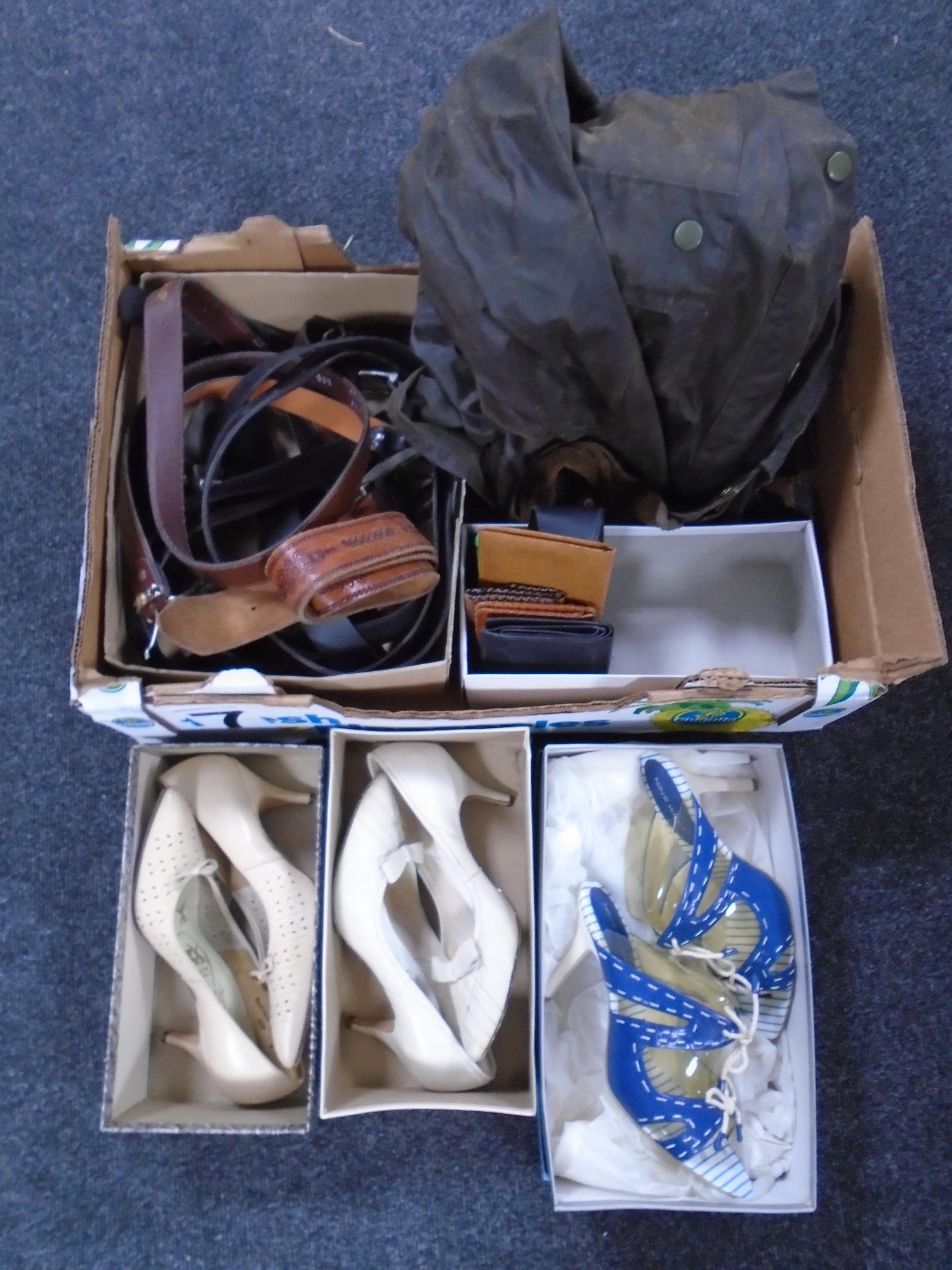 A box of leather belts, wallets, a pair of Nine West lady's shoes (size 8) etc.