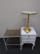 A white and gilt three drawer bedside chest together with a metal and glass two tier stand,