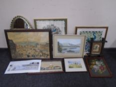 A box containing assorted pictures and prints, needlework panels, gilt framed mirror,