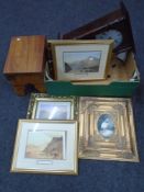 A wooden cracket together with a box of gilt framed pictures and prints and a mahogany wall clock.