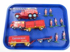 A tray of Corgi toys, Chipperfield circus truck and military figures.