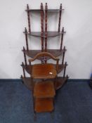 A pair of five tier corner whatnot stands together with a mahogany folding cake stand (Af)