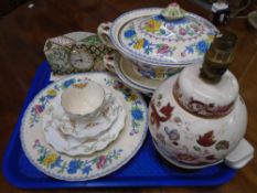 A tray containing a Masons Applique mantel clock together with Masons table lamp, tureen with cover,