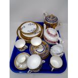 A tray of antique gilded tea china, coffee cups, teapot etc.