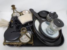 A tray of dressing table items, ebony mirror, petit point dressing table pieces,