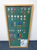 A pine framed display board containing continental medals and badges