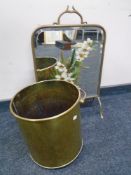 An Edwardian mirrored fire screen together with a brass log bin.