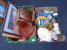 Two boxes of large pig money bank, china vase, pictures,