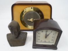 An antique metal bust of a soldier together with a Bakelite Smith's clock and a Pye model P128B