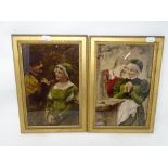 A pair of Edwardian colour prints laid to glass depicting figures, each 17cm by 26cm.