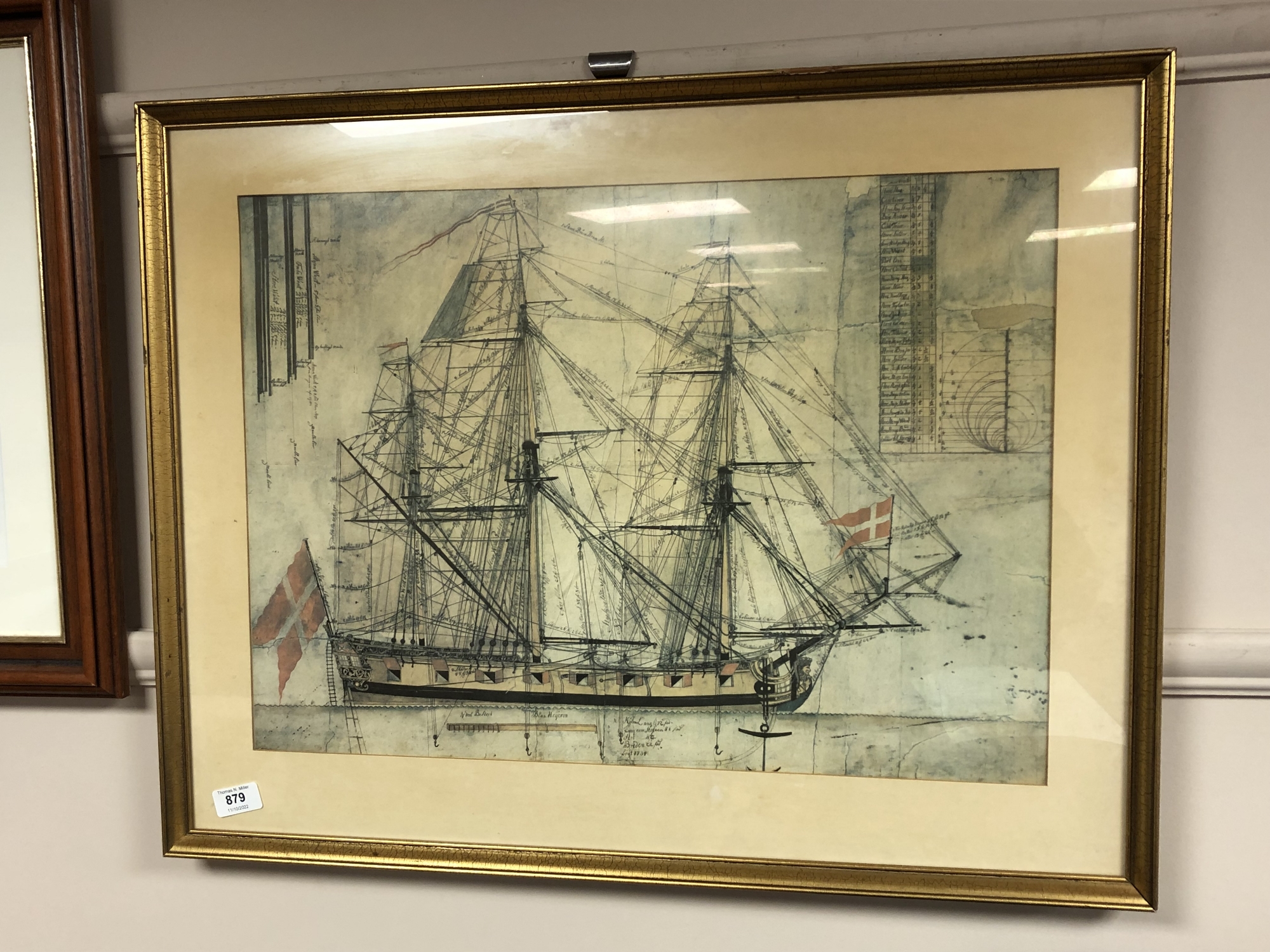 A Continental colour print depicting a tall masted ship, 58cm by 42cm.