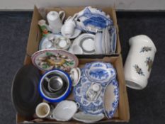 Two boxes containing antique and later ceramics including wash jug and soap dish, dinnerware,
