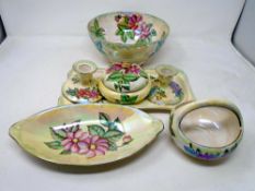 A tray of seven pieces of Maling Dahlia pattern china - four piece dressing table set etc