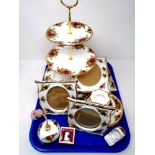 A tray of Royal Albert Old Country Roses china cake stand, photograph frames, trinkets etc.