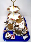 A tray of Royal Albert Old Country Roses china cake stand, photograph frames, trinkets etc.