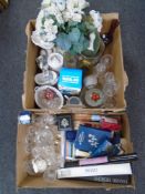Two boxes of glass, artificial flowers,