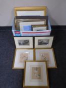A box containing assorted pictures including colour etchings, tapestries, Japanese prints,