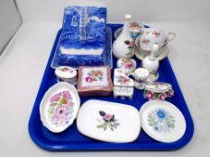 A tray of Wedgwood Hathaway rose dish, blue and white Staffordshire cheese dish,
