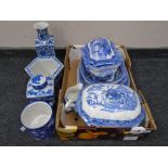 A collection of blue and white china, tureens, plates, antique willow pattern items,