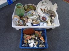 A crate and box of china ornaments, plates,