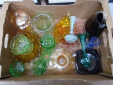 A box containing 20th century glassware including coloured glass trinket pots, a glass handbag,