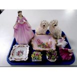 A tray of Staffordshire style dog figures, Royal Doulton figure, miniature lady figures,