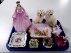 A tray of Staffordshire style dog figures, Royal Doulton figure, miniature lady figures,