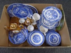 A box of blue and white china, Spode Italian plate, gilt coffee set etc.