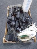 A box of cameras, pair of Prinz binoculars, magnifying lamp,