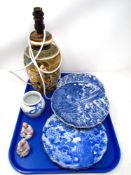 A tray of blue and white Japanese plates, bisque figures,