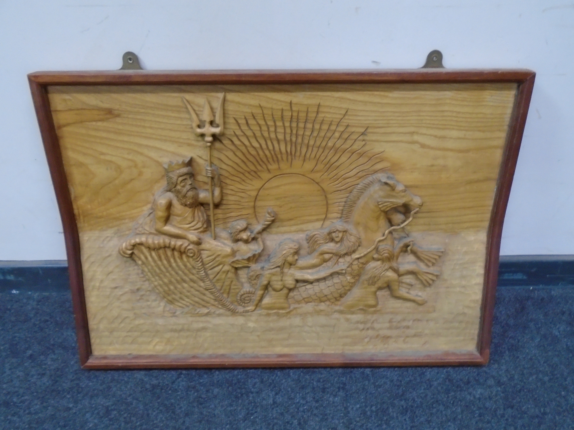 A wooden carved panel depicting Neptune 80 cm x 56 cm,