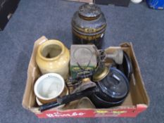 A box containing a quantity of antique and later kitchenalia including toleware canister, tins,