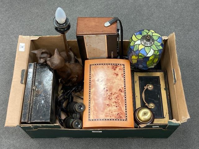 A box of Tiffany style lamp, metal box, jewellery box, field spectacles,