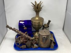 A tray of brass and metal ornaments, lidded pot, goblets in boxes etc.