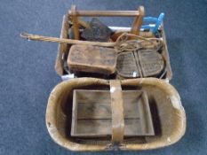 A box containing vintage wicker basket, wooden storage rack, miniature chair,