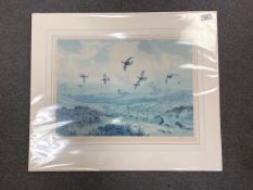 After J C Harrison : Grouse over Upper Findhorn, colour print, 48 cm x 36 cm, signed,