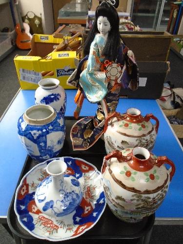 A tray of Oriental ceramics including Japanese geisha figure, Imari dish etc.