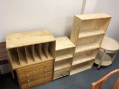 Six pieces of Scandinavian pine furniture including shelves, four drawer chest,