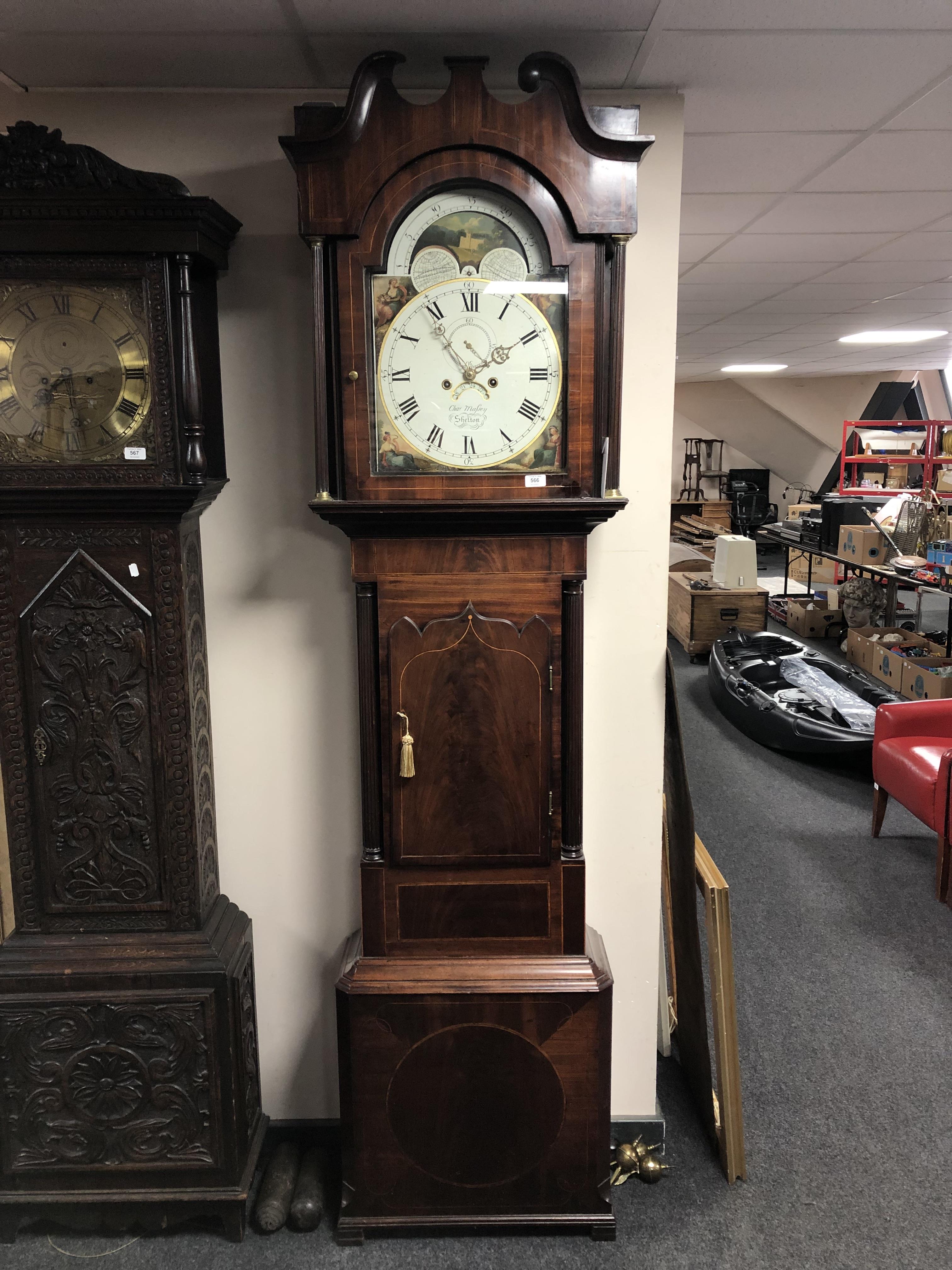 A 19th century inlaid mahogany longcase clock, the painted dial signed Chas Massey of Shelton,