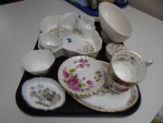 A tray of assorted china, Aynsley cottage garden serving set, Royal Albert tea cups and saucers,