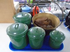 A tray of enamelled storage jars and brass jam pan