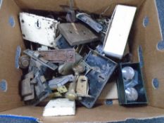 Two boxes containing a large quantity of antique and contemporary door locks, door handles,