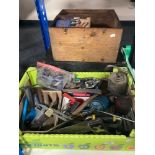 Two wooden tool boxes containing tools together with a further box of oil cans, hand tools,