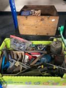 Two wooden tool boxes containing tools together with a further box of oil cans, hand tools,
