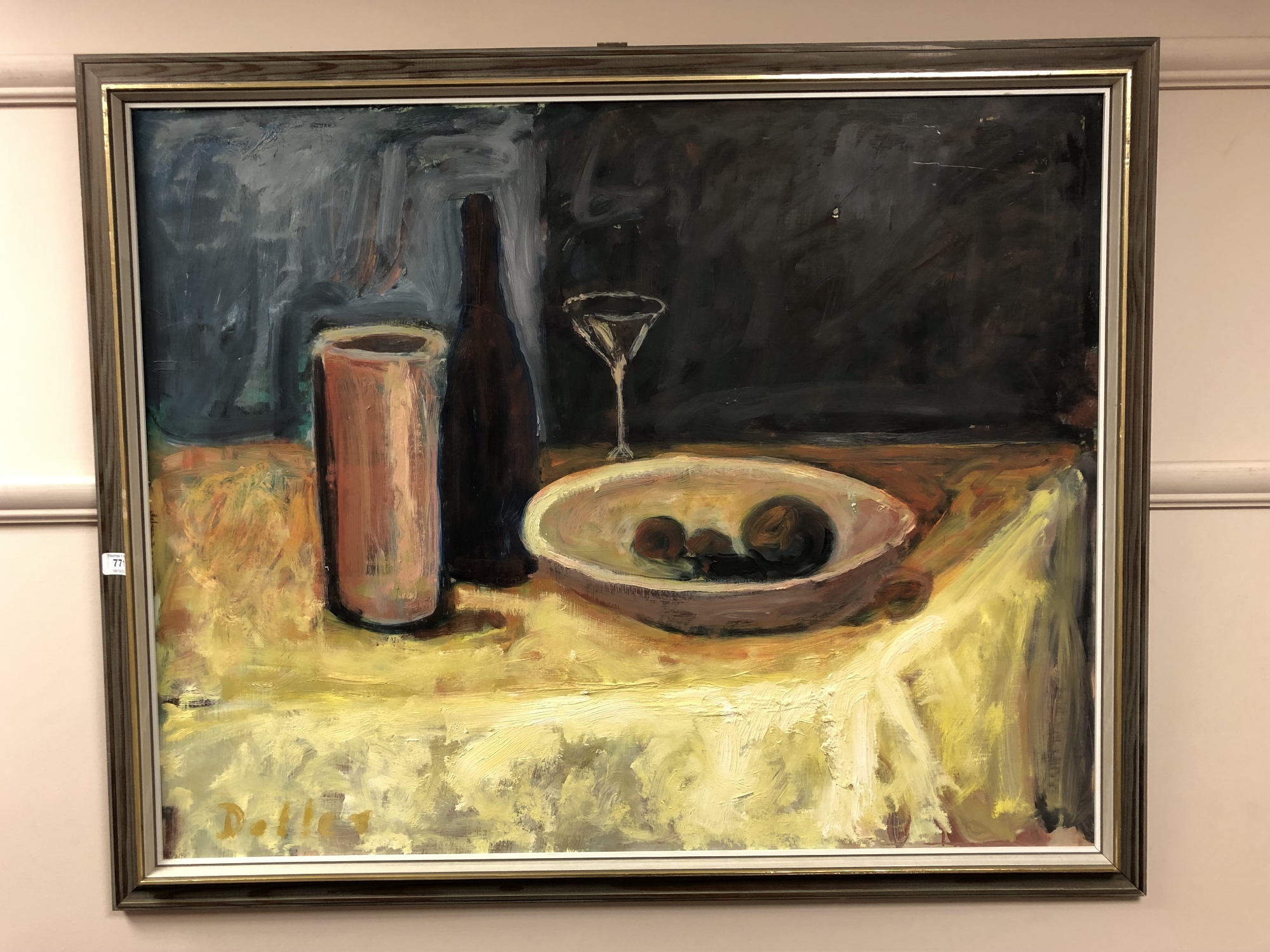 Doller : Still life depicting wine and fruit, oil-on-board, in gilt frame, 71cm by 90cm.