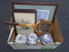 A box of vintage Slazenger tennis racket, Japanese eggshell china,