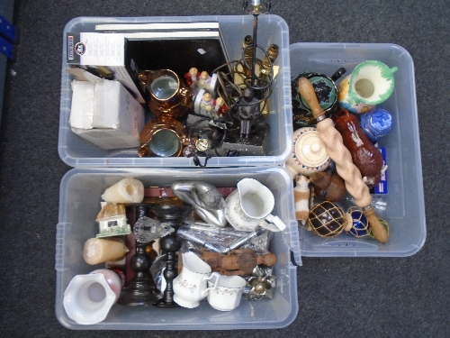 Three boxes of ceramics, ornaments, copper lustre, table lamps, rolling pin etc.