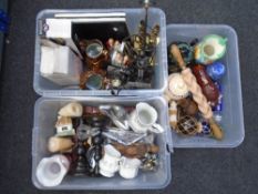 Three boxes of ceramics, ornaments, copper lustre, table lamps, rolling pin etc.