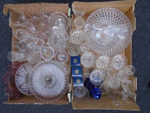 Two boxes of crystal and glass bowls together with champagne glasses.